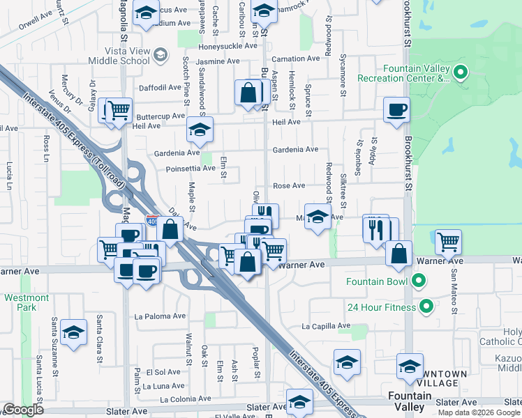 map of restaurants, bars, coffee shops, grocery stores, and more near 16806 Olive Street in Fountain Valley