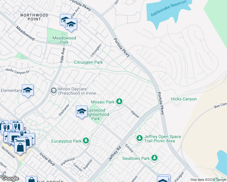 map of restaurants, bars, coffee shops, grocery stores, and more near 126 Cutlass in Irvine