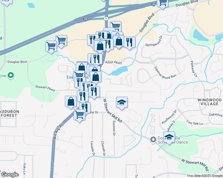 map of restaurants, bars, coffee shops, grocery stores, and more near 5703 Woodland Drive in Douglasville