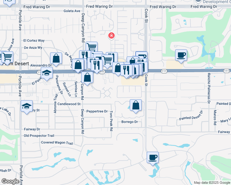 map of restaurants, bars, coffee shops, grocery stores, and more near 45382 Driftwood Drive in Palm Desert
