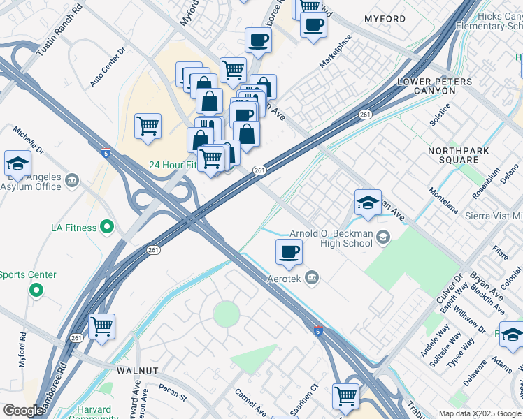 map of restaurants, bars, coffee shops, grocery stores, and more near 3240 El Camino Real in Irvine