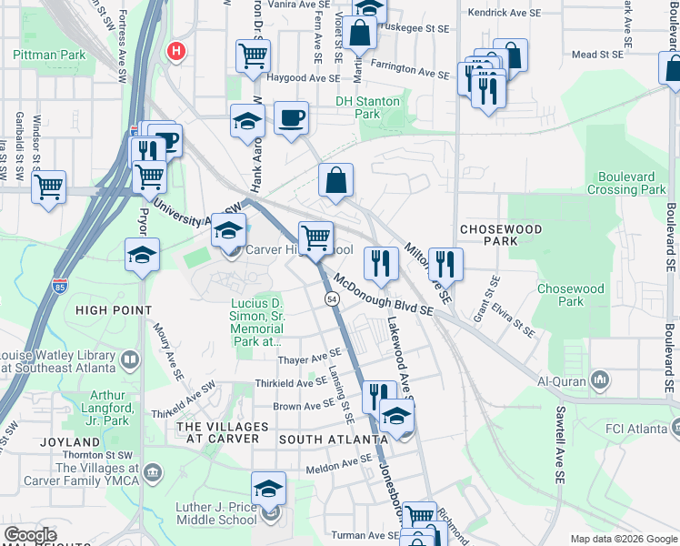 map of restaurants, bars, coffee shops, grocery stores, and more near 129 McDonough Boulevard Southeast in Atlanta