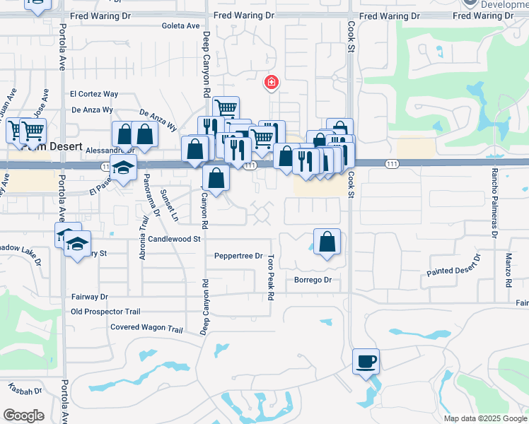 map of restaurants, bars, coffee shops, grocery stores, and more near 45372 Driftwood Drive in Palm Desert