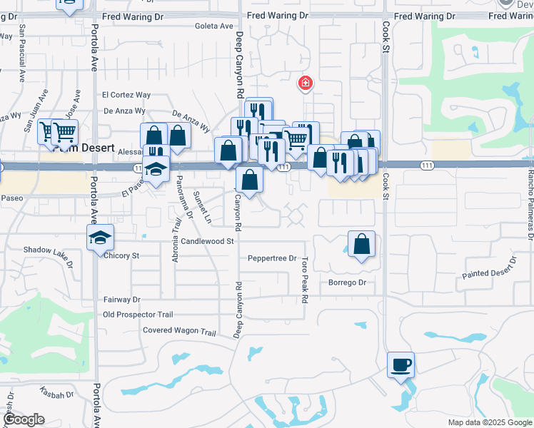 map of restaurants, bars, coffee shops, grocery stores, and more near 74582 Driftwood Drive in Palm Desert