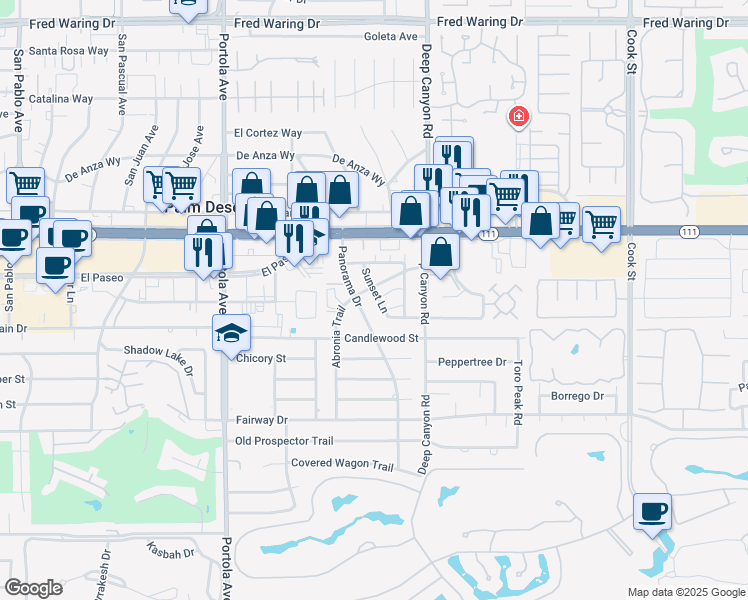 map of restaurants, bars, coffee shops, grocery stores, and more near 45451 Sunset Lane in Palm Desert