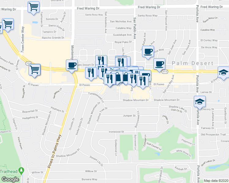 map of restaurants, bars, coffee shops, grocery stores, and more near 45451 Lupine Lane in Palm Desert