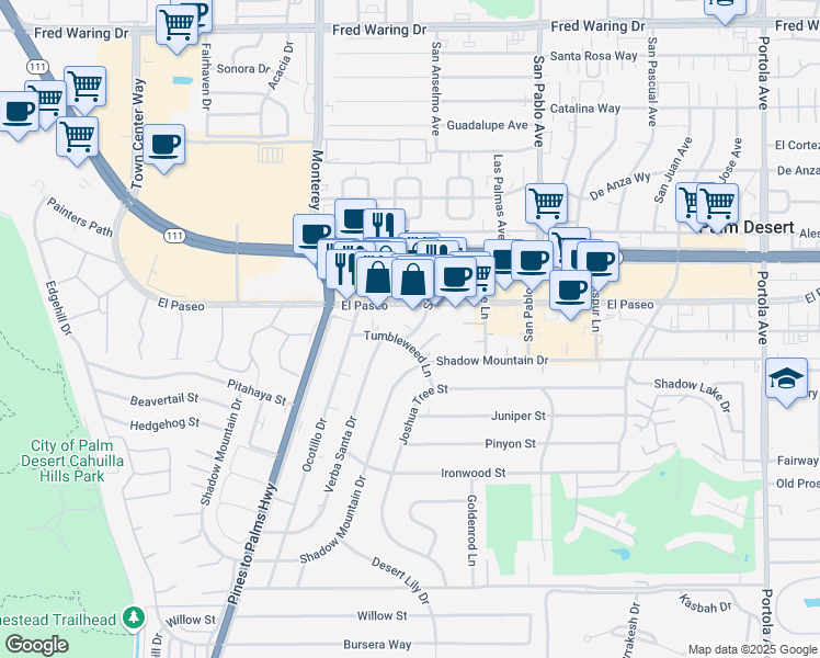 map of restaurants, bars, coffee shops, grocery stores, and more near 73183 Tumbleweed Lane in Palm Desert