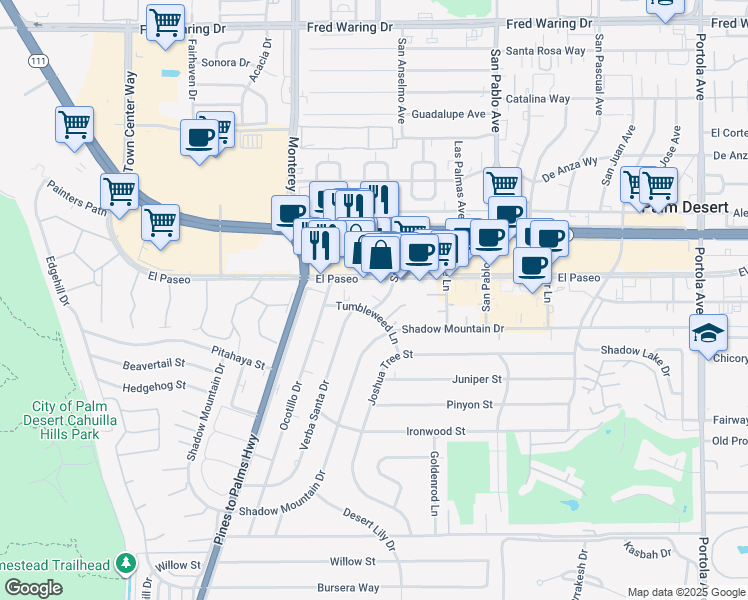 map of restaurants, bars, coffee shops, grocery stores, and more near 73183 Tumbleweed Lane in Palm Desert