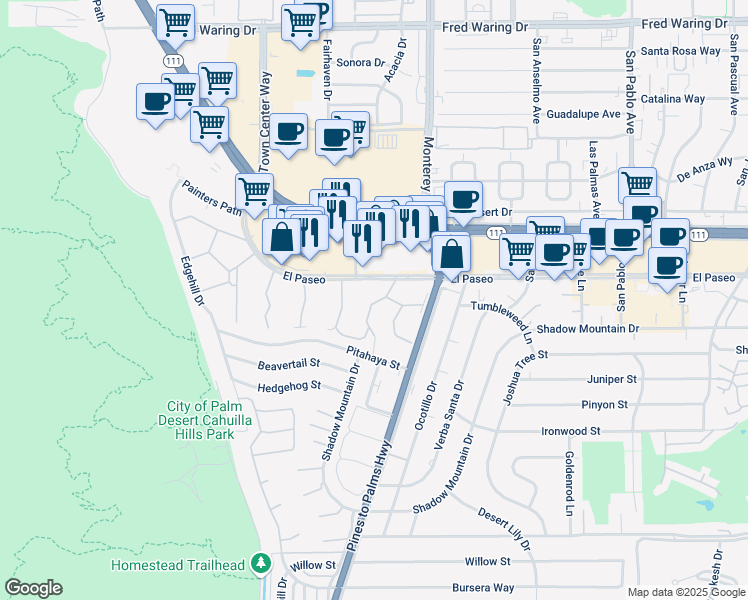 map of restaurants, bars, coffee shops, grocery stores, and more near 72873 El Paseo in Palm Desert