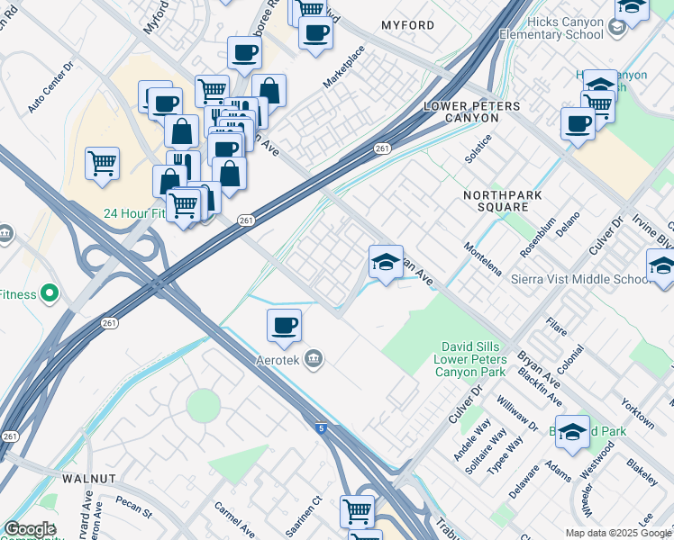 map of restaurants, bars, coffee shops, grocery stores, and more near 1043-1056 Wycliffe in Irvine