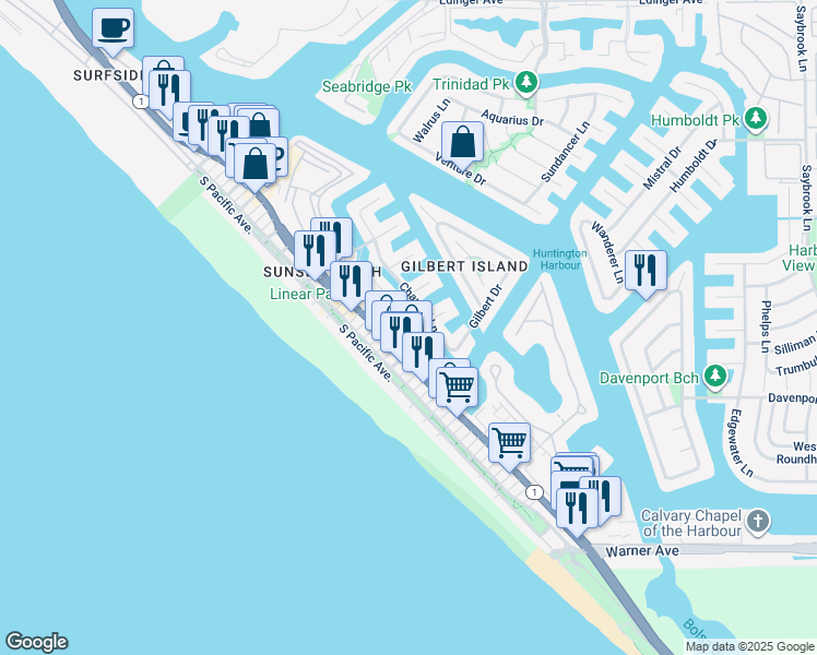 map of restaurants, bars, coffee shops, grocery stores, and more near 16772 Broadway in Huntington Beach