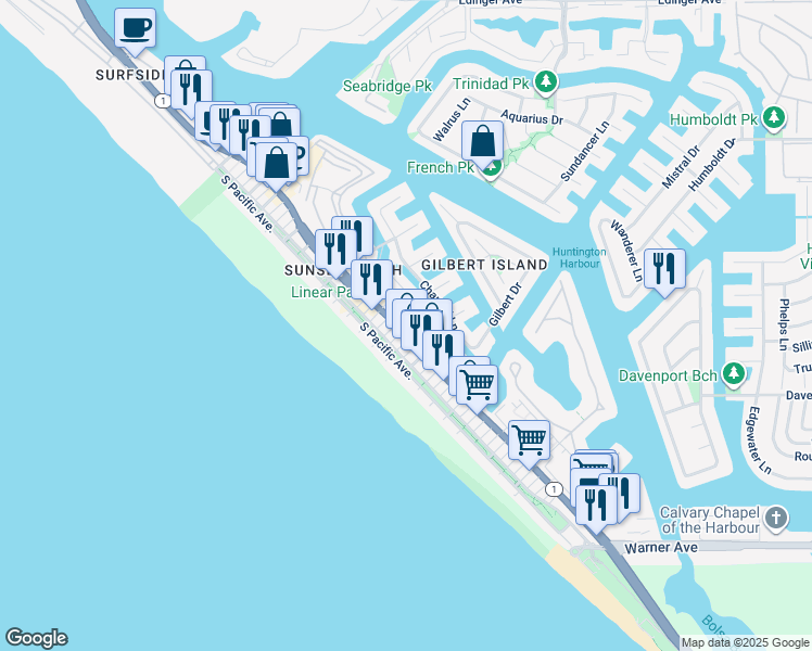 map of restaurants, bars, coffee shops, grocery stores, and more near in Huntington Beach