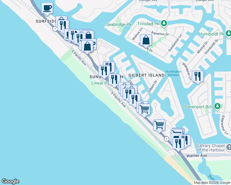 map of restaurants, bars, coffee shops, grocery stores, and more near 16751 Pacific Coast Highway in Huntington Beach