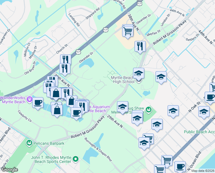 map of restaurants, bars, coffee shops, grocery stores, and more near 3 Kane Court in Myrtle Beach
