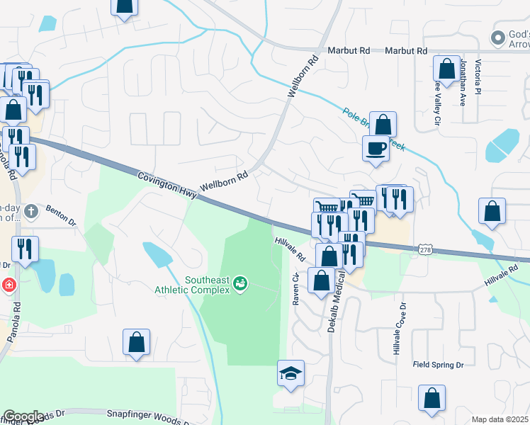map of restaurants, bars, coffee shops, grocery stores, and more near 2364 Haran Drive in Lithonia