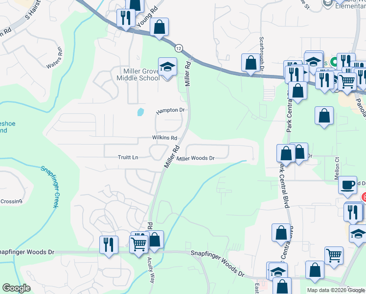 map of restaurants, bars, coffee shops, grocery stores, and more near 5074 Miller Woods Trail in Decatur