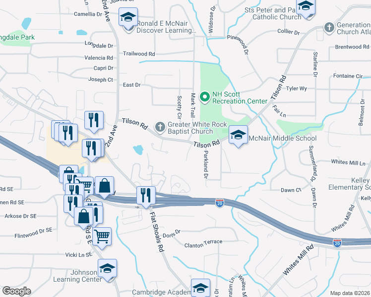 map of restaurants, bars, coffee shops, grocery stores, and more near 2398 Tilson Ridge Lane in Decatur