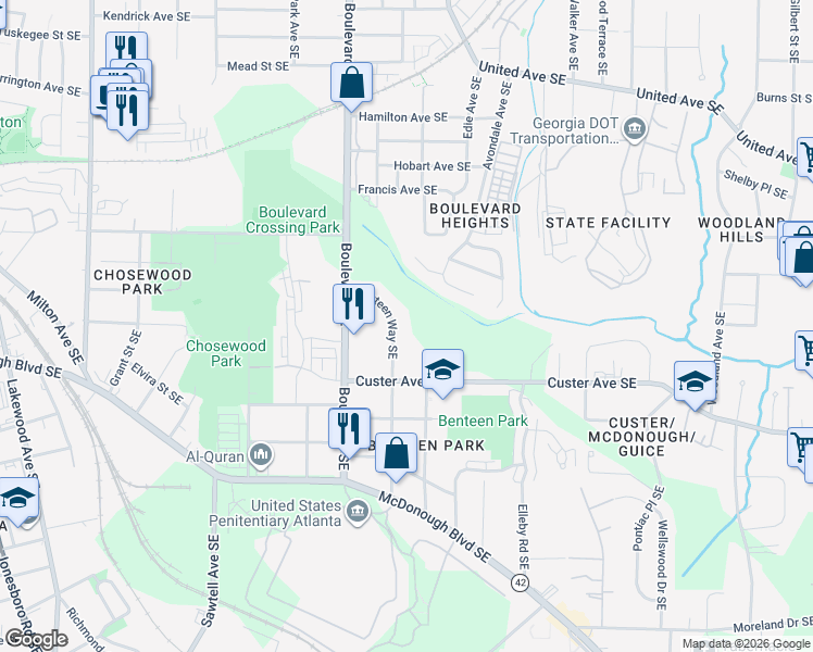 map of restaurants, bars, coffee shops, grocery stores, and more near 1342 Benteen Way Southeast in Atlanta