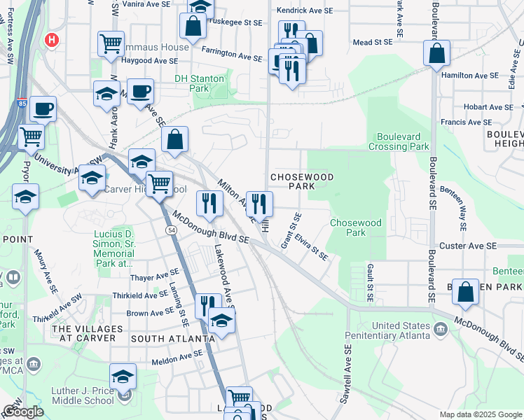 map of restaurants, bars, coffee shops, grocery stores, and more near 1303 Hill Street Southeast in Atlanta