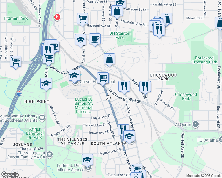 map of restaurants, bars, coffee shops, grocery stores, and more near 129 McDonough Boulevard Southeast in Atlanta