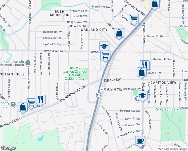 map of restaurants, bars, coffee shops, grocery stores, and more near 1322 Brewster Street Southwest in Atlanta
