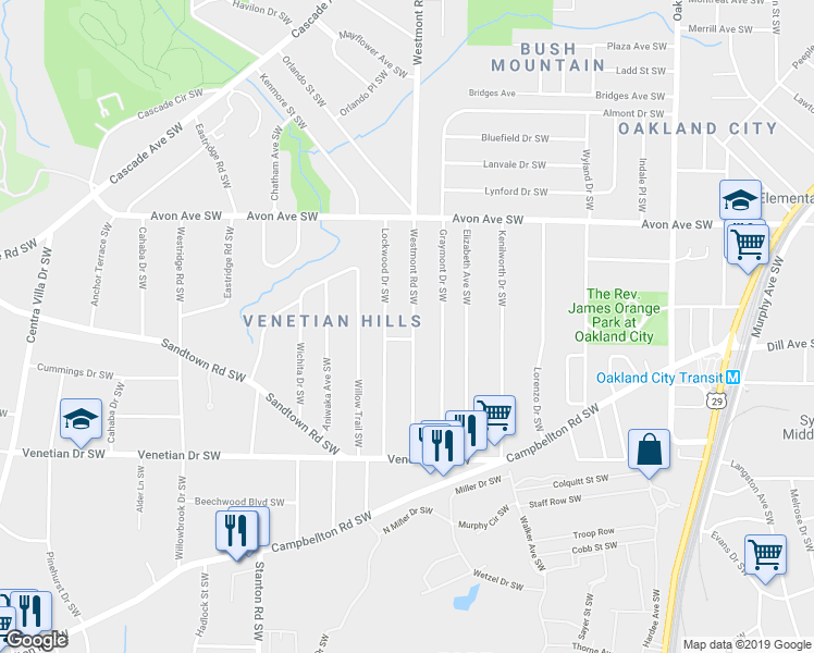 map of restaurants, bars, coffee shops, grocery stores, and more near 1347 Westmont Road Southwest in Atlanta