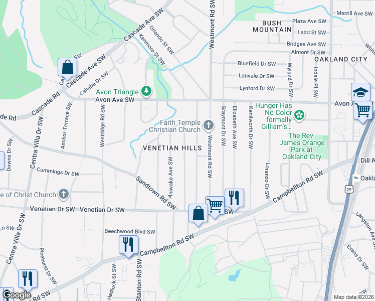 map of restaurants, bars, coffee shops, grocery stores, and more near 1352 Willow Trail Southwest in Atlanta