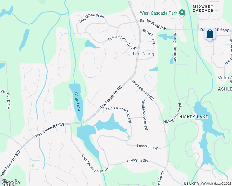map of restaurants, bars, coffee shops, grocery stores, and more near 1360 New Hope Road Southwest in Atlanta