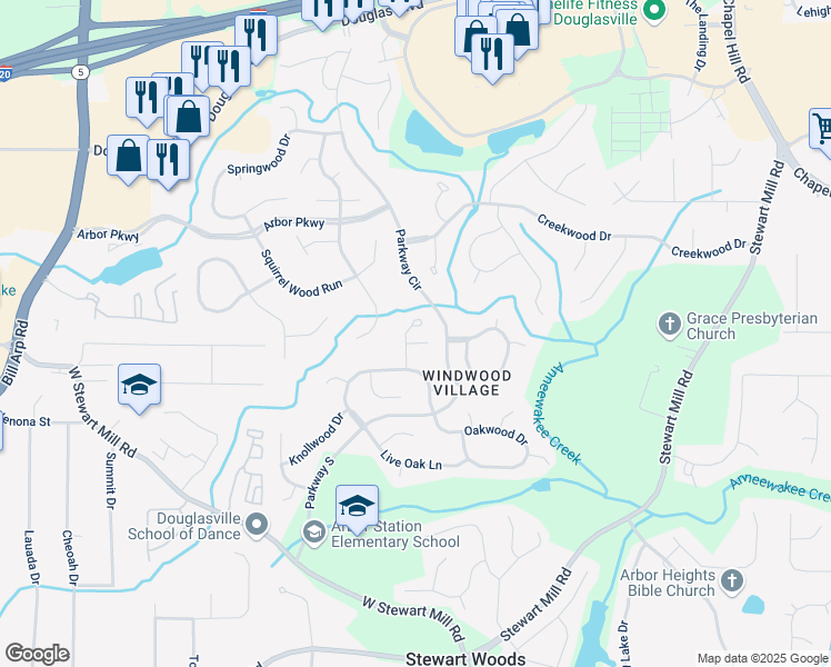 map of restaurants, bars, coffee shops, grocery stores, and more near 9760 Greenside Way in Douglasville