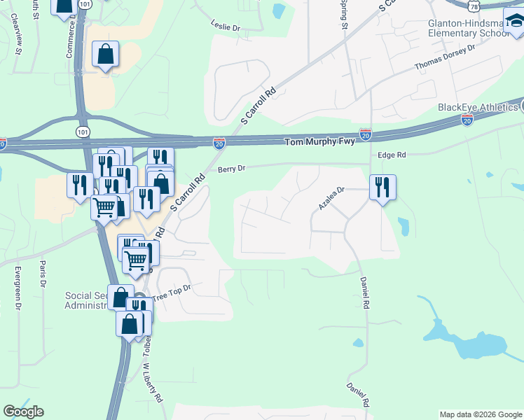 map of restaurants, bars, coffee shops, grocery stores, and more near 417 Ridgewood Drive in Villa Rica