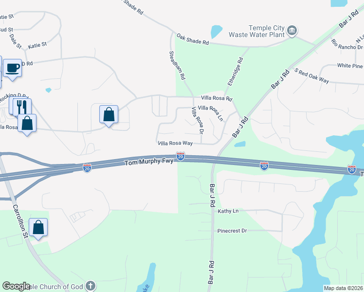 map of restaurants, bars, coffee shops, grocery stores, and more near 261 Villa Rosa Way in Temple