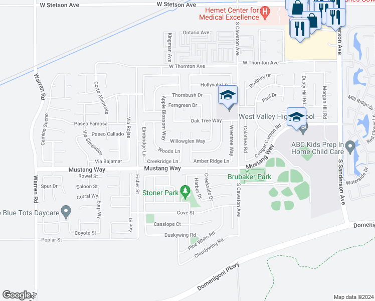 map of restaurants, bars, coffee shops, grocery stores, and more near 1679 Stoneside Drive in Hemet