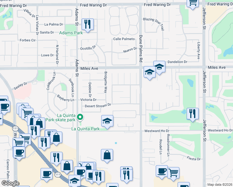 map of restaurants, bars, coffee shops, grocery stores, and more near 79305 Desert Wind Court in La Quinta