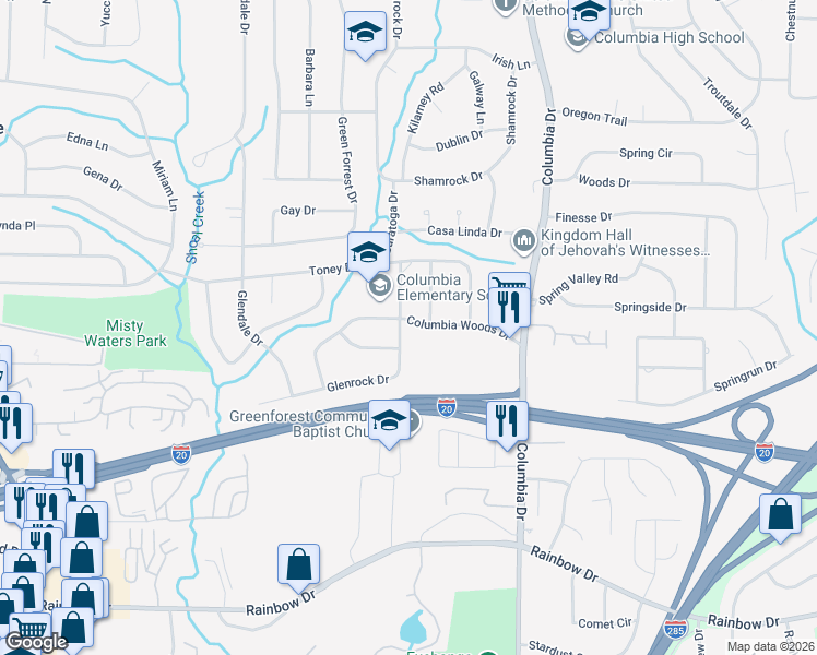 map of restaurants, bars, coffee shops, grocery stores, and more near 2394 Glenrock Drive in Decatur