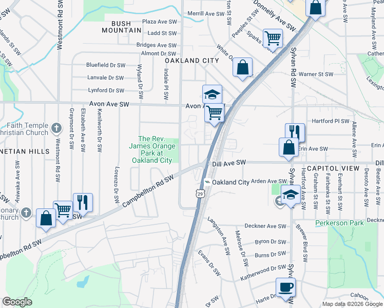 map of restaurants, bars, coffee shops, grocery stores, and more near 1322 Brewster Street Southwest in Atlanta