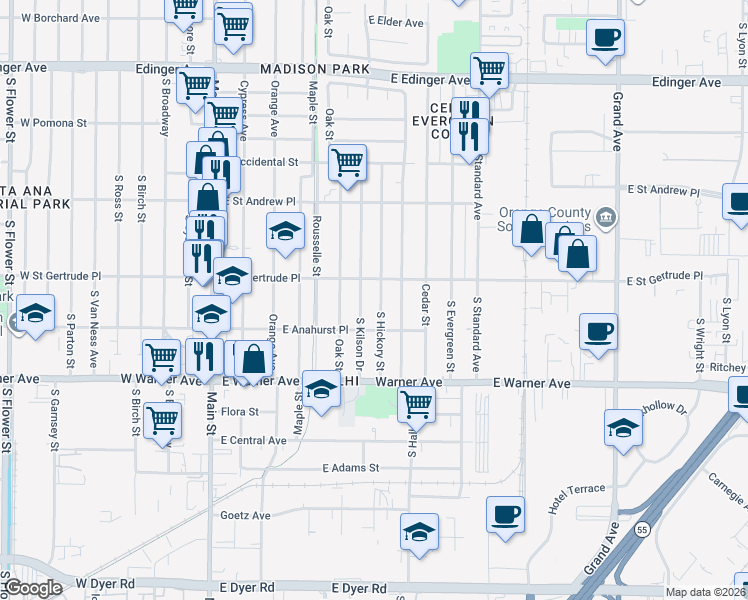 map of restaurants, bars, coffee shops, grocery stores, and more near 2118 South Hickory Street in Santa Ana