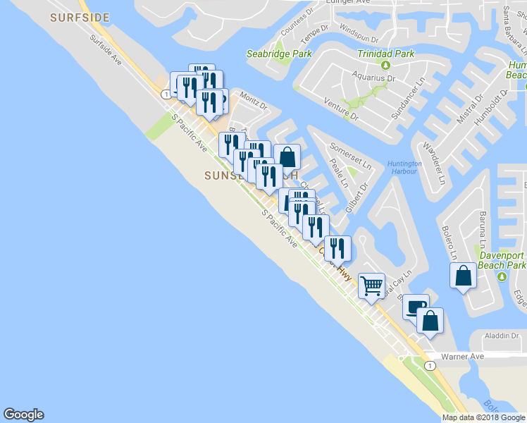 map of restaurants, bars, coffee shops, grocery stores, and more near 16723 South Pacific Avenue in Huntington Beach