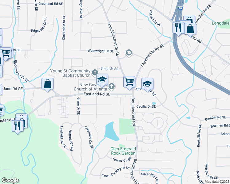 map of restaurants, bars, coffee shops, grocery stores, and more near 1609 Eastland Road Southeast in Atlanta