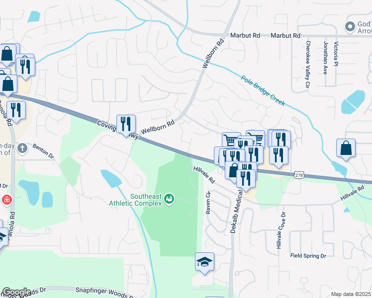 map of restaurants, bars, coffee shops, grocery stores, and more near 2362 Haran Drive in Lithonia