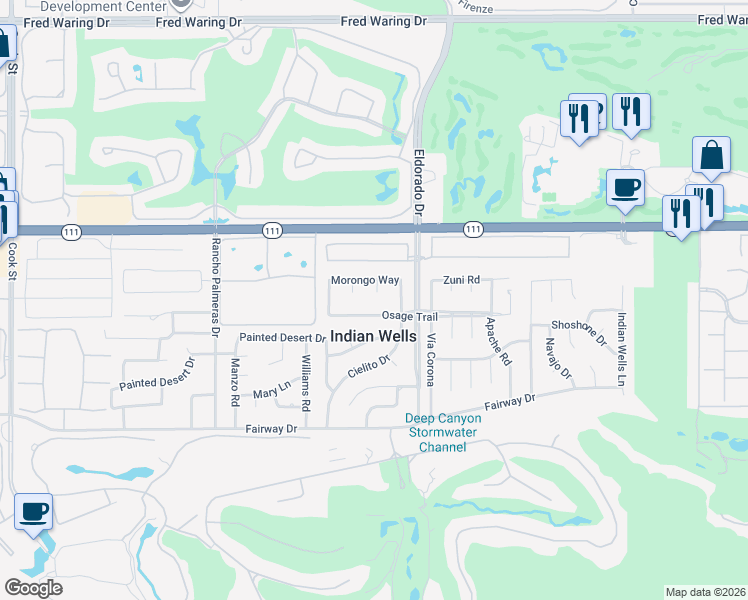 map of restaurants, bars, coffee shops, grocery stores, and more near 75830 Osage Trail in Indian Wells