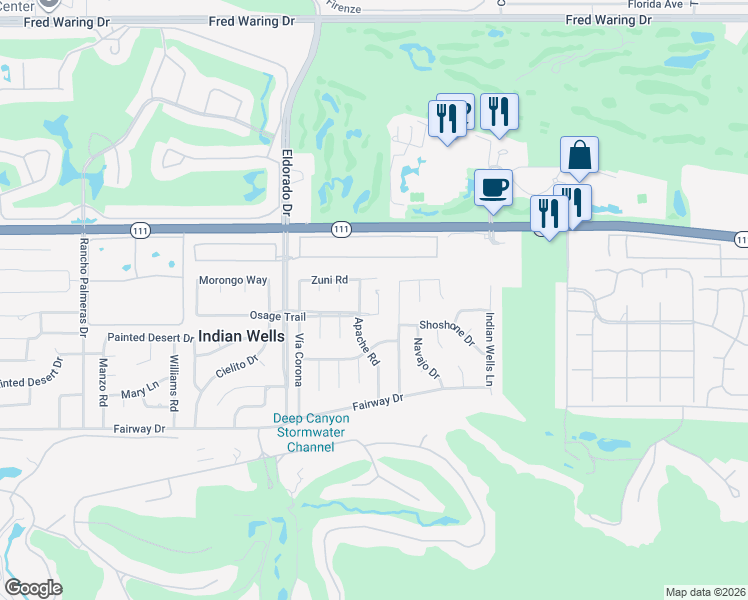 map of restaurants, bars, coffee shops, grocery stores, and more near 45495 Osage Court in Indian Wells