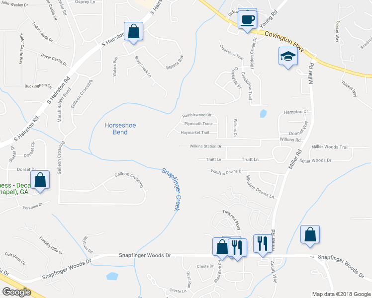 map of restaurants, bars, coffee shops, grocery stores, and more near 4795 Wilkins Station Drive in Decatur