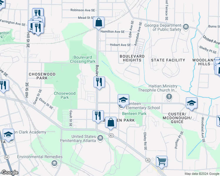 map of restaurants, bars, coffee shops, grocery stores, and more near Benteen Way Southeast in Atlanta