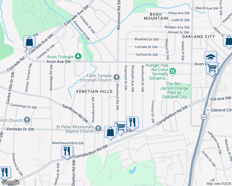 map of restaurants, bars, coffee shops, grocery stores, and more near 1347 Westmont Road Southwest in Atlanta