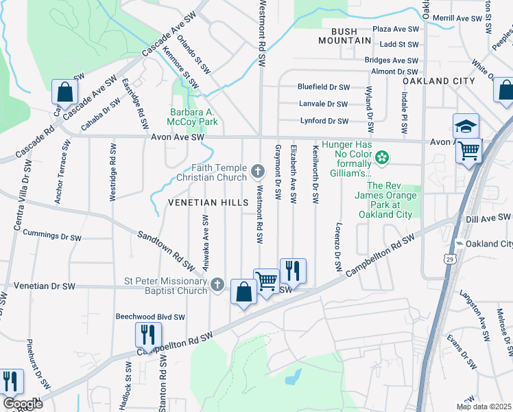 map of restaurants, bars, coffee shops, grocery stores, and more near 1337 Westmont Road Southwest in Atlanta