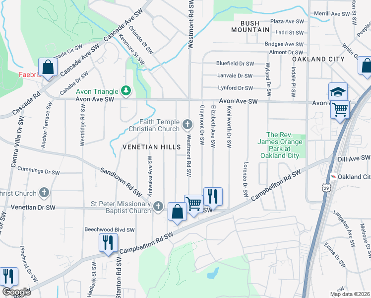 map of restaurants, bars, coffee shops, grocery stores, and more near 1347 Westmont Road Southwest in Atlanta