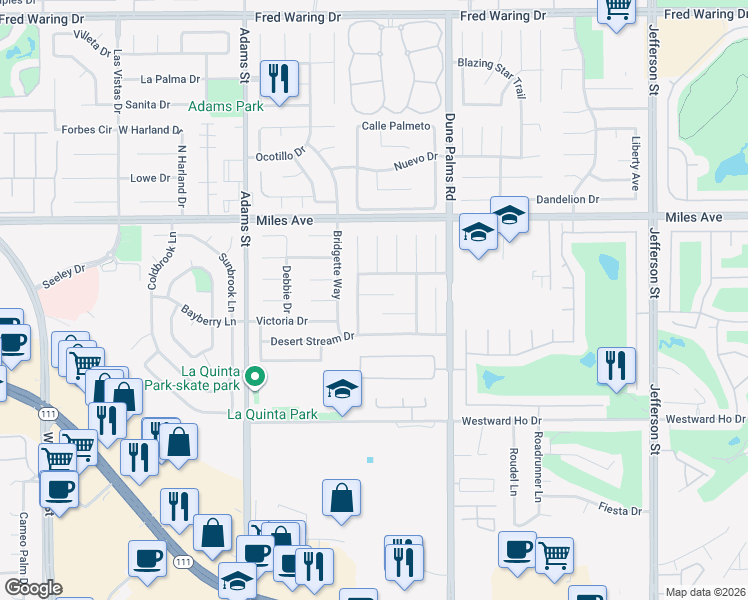 map of restaurants, bars, coffee shops, grocery stores, and more near 79305 Desert Wind Court in La Quinta