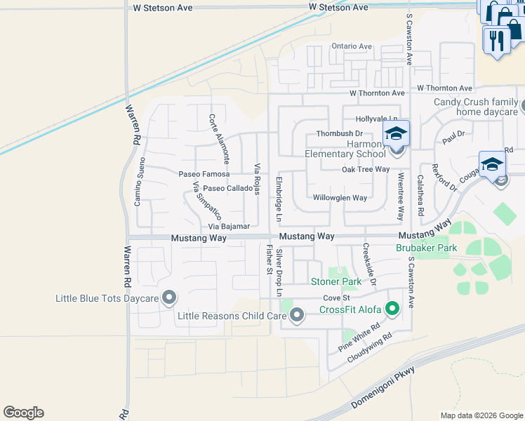 map of restaurants, bars, coffee shops, grocery stores, and more near 1656 Via Rojas in Hemet