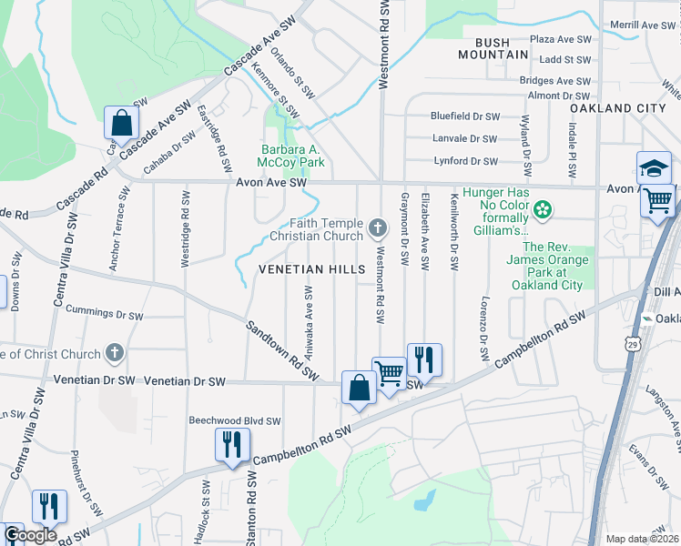 map of restaurants, bars, coffee shops, grocery stores, and more near 1352 Willow Trail Southwest in Atlanta