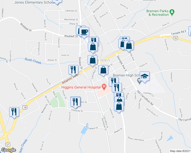 map of restaurants, bars, coffee shops, grocery stores, and more near 201 Oak Street in Bremen